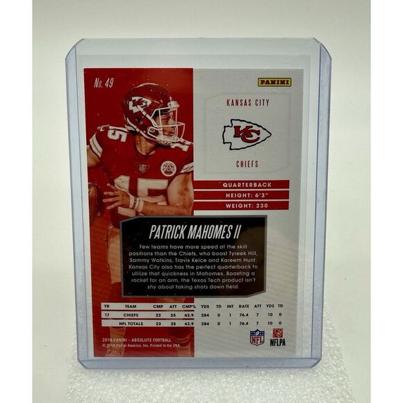 2018 Panini Absolute Football Patrick Mahomes II No. 49 Kansas City Chiefs - Picture 2 of 2
